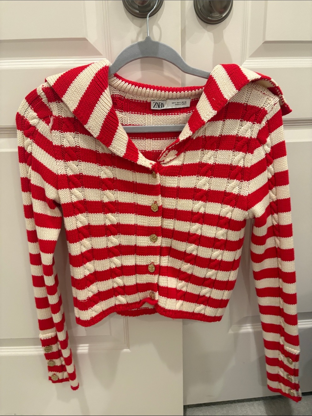 Zara Red and Cream Striped Button-Front Knit Cardigan